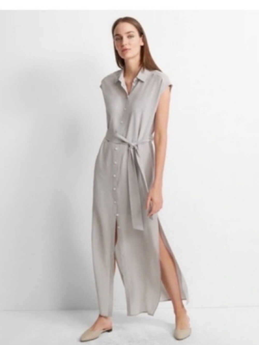 Club Monaco Silk Button-Front Maxi Dress in Light Gray Size 2